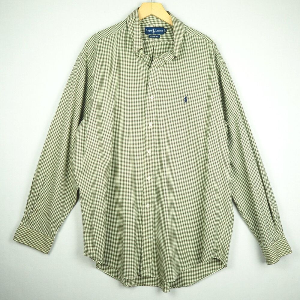 Polo Ralph Lauren Shirt Mens XL Green Brown Gingham Plaid Pony Logo Classic READ